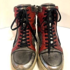 John Varvatos Mac Paneled High Top Red and Silver size 10 with dust bag and box